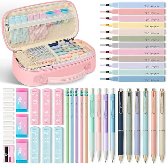 Cute Pencil Case With Supplies, 39 PCS Aesthetic Stationery Set with Pencil Pouch, 6 Black Ink Gel Pens, 12 Pastel Highlighters, 5 #2 HB Pencils, 4 Mechanical Pencils, Back to School Supplies - Pink