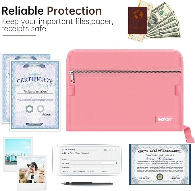 ENGPOW Expanding File Folder,Fireproof 13 Pockets Document Organizer Bag | Accordion File Organizer with Zipper＆Labels,Portable Home Travel Safe Storage for Important Files,Papers,Letter Size,Pink