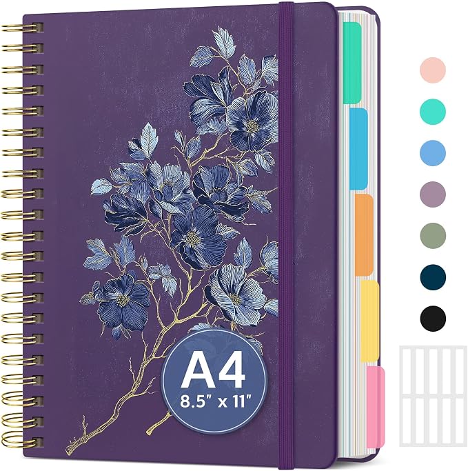 Large Lined Spiral Journal for Women Cute Hardcover 5 Subject Notebook for Work 8.5" x 11" with Removable Dividers & Tabs, College Ruled, 280 Pages Aesthetic Journal for Work, School & Note Taking, Velvet Bloom