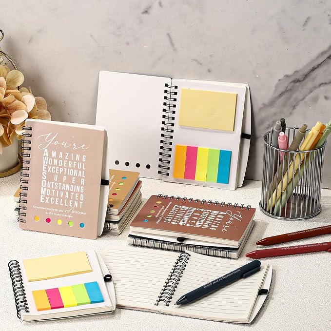Jetec 100 Pcs/50 Sets Back to School Teacher Gifts Motivational Spiral Notebook with Sticky Notes Pen Bulk Inspirational Journals Thank You Gift for Employee Coworker Birthday Party (Light Morandi)