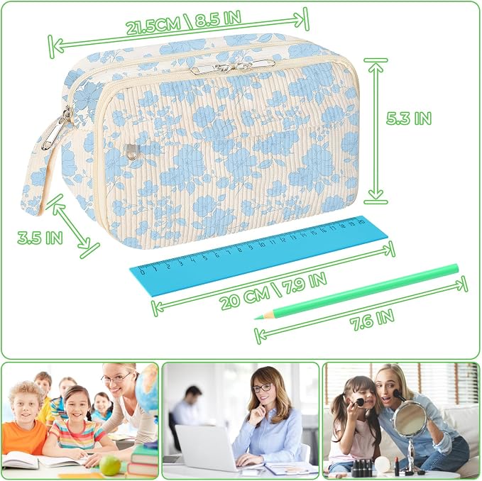 WOBAGMEN Cute Pencil Case,Large Corduroy Zippered Pencil Case Pouch, aesthetic Pencil Bag with Compartments, Pencil Pouch School Supplies (Blue Floral)