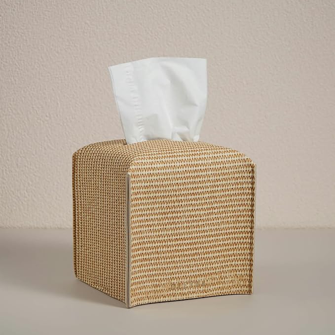 OLETHA Square Tissue Box Cover - Aesthetic Desk Decor for Room, Home & Office - Tissues Cube Boxes Holder - Rattan Textured