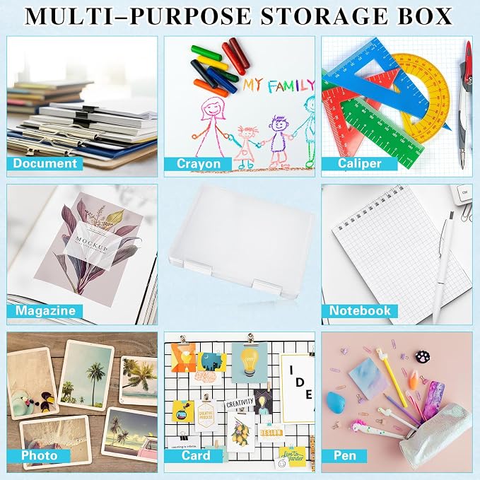 PerKoop 6 Pcs Clear Paper Storage Box,12.4 x 9.84 x 1.18 Inches,White | A4 Plastic File Box Document Paper Organizer Storage Board Game Project Cases Containers with Buckle for Craft, Magazine