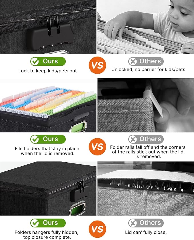 Oterri Lockable File Box Small 2-Pack Hanging Organizer for Letter-Size | Dustproof Lid. 3 Mesh Pockets. Collapsible Scratch-Resistant GRS Linen. Slide Rails. Office, Home, Dorm