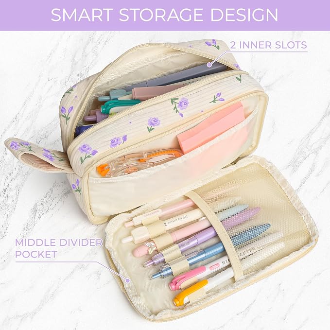 WOBAGMEN Cute Pencil Case,Large Corduroy Zippered Pencil Case Pouch, aesthetic Pencil Bag with Compartments, Pencil Pouch School Supplies (HY-corduroy pc-purple floral)