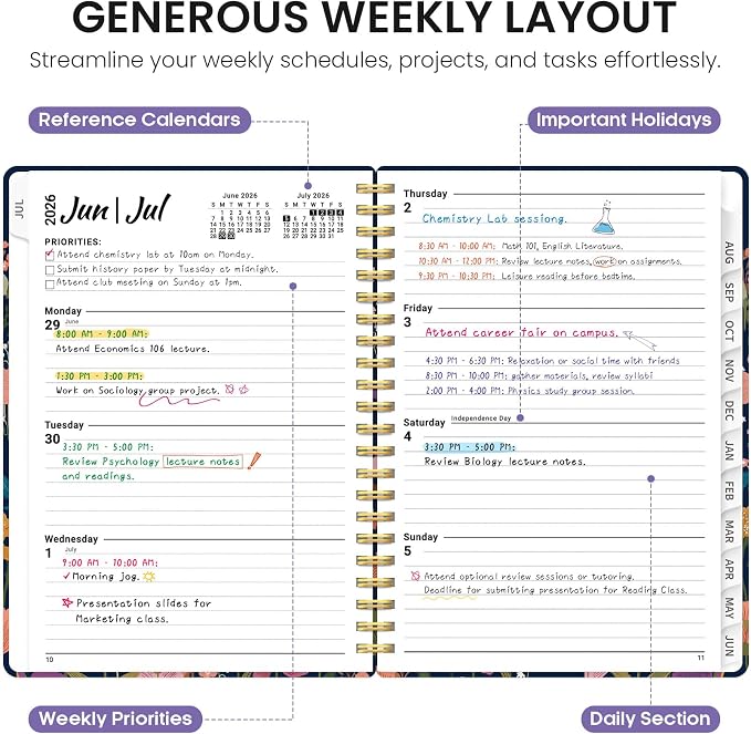 Planner 2026-2027, Academic Year Monthly and Weekly Calendar Planner, Jul 2026 - Jun 2027, Hardcover Teacher Student Planning Agenda book with Tabs, Perfect for School Office Supplies, 6.3" x 8.5" - Ink Blossoms