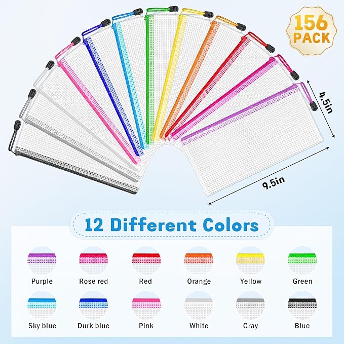 156 Pack Pencil Pouch Bulk, 9.5" x 4.5" Mesh Zipper Pouch, 12 Colors | Small Clear Zipper Pouch Pencil Case for Supplies Storage, Travel, Cash, Cosmetics, Office with Translucent Waterproof PVC