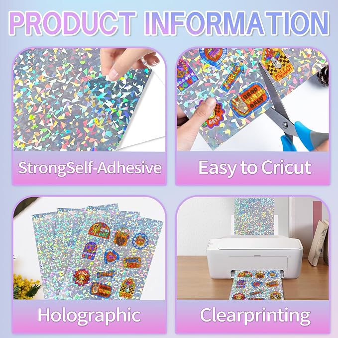 STARLIBOO 25 Sheets Holographic Sticker Paper, Diamond Pattern Printable Vinyl for Inkjet & Laser Printer, Broken Glass Effect, Waterproof, Dries Quickly (8.5" x 11")