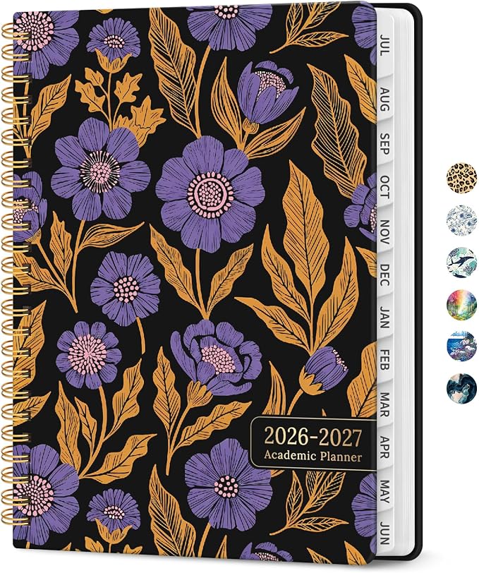 Planner 2026-2027, Academic Year Monthly and Weekly Calendar Planner, Jul 2026 - Jun 2027, Hardcover Teacher Student Planning Agenda book with Tabs, Perfect for School Office Supplies, 6.3" x 8.5" - Nocturne Blooms