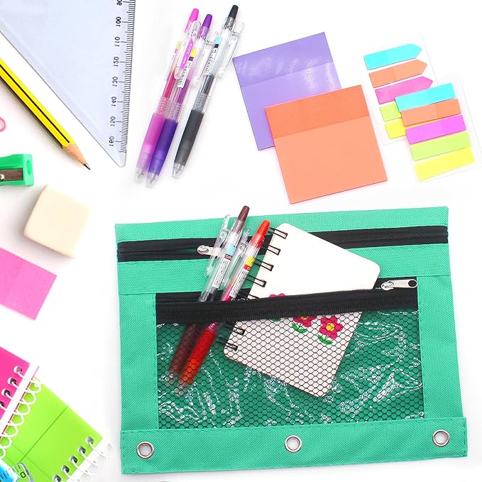 Pencil Pouch for 3 Ring Binders Zippered Pencil Case Canvas Pencil Bag with 2 Compartments (Set of 2, Pastel Green)