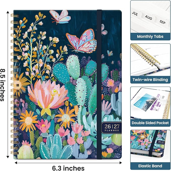 Planner 2026-2027, Academic Year Monthly and Weekly Calendar Planner, Jul 2026 - Jun 2027, Hardcover Teacher Student Planning Agenda book with Tabs, Perfect for School Office Supplies, 6.3" x 8.5" - Desert Whimsy