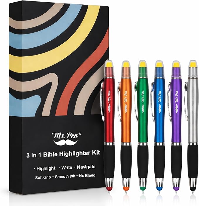 Mr. Pen- Bible Highlighter with Pen and Stylus for Touchscreens, 3 in 1 | 6 Pack, Colorful Barrels, Black Ink Ballpoint Ink Pens, Yellow Wax Gel Highlighters