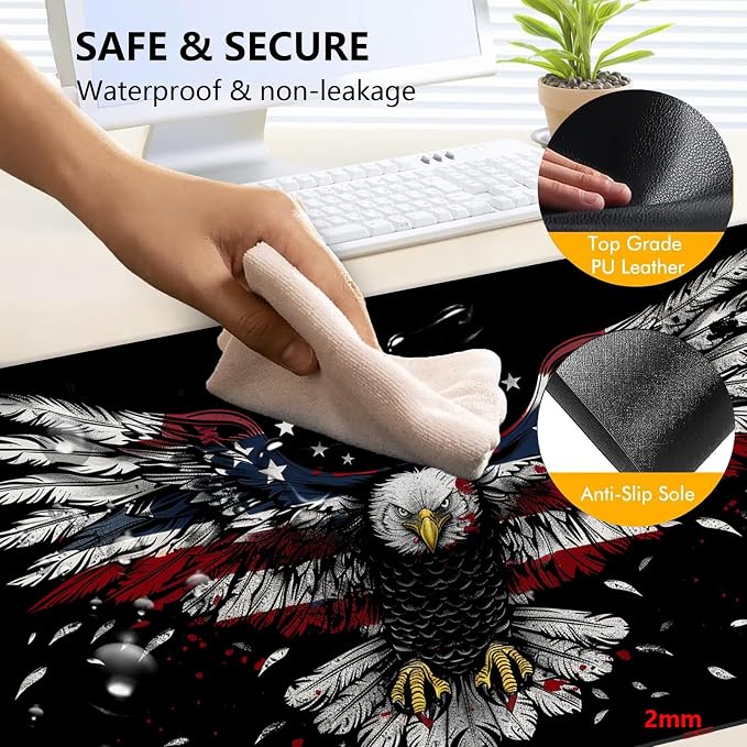 Heated Mouse Pad with 3 Levels Heated & 3 Hours Auto Shut-Off Mouse Pad for Warming Hands in Office Home, 31.5" x 13"Large Safe Desk Mat Hand Warmer，Flying Flag Eagle