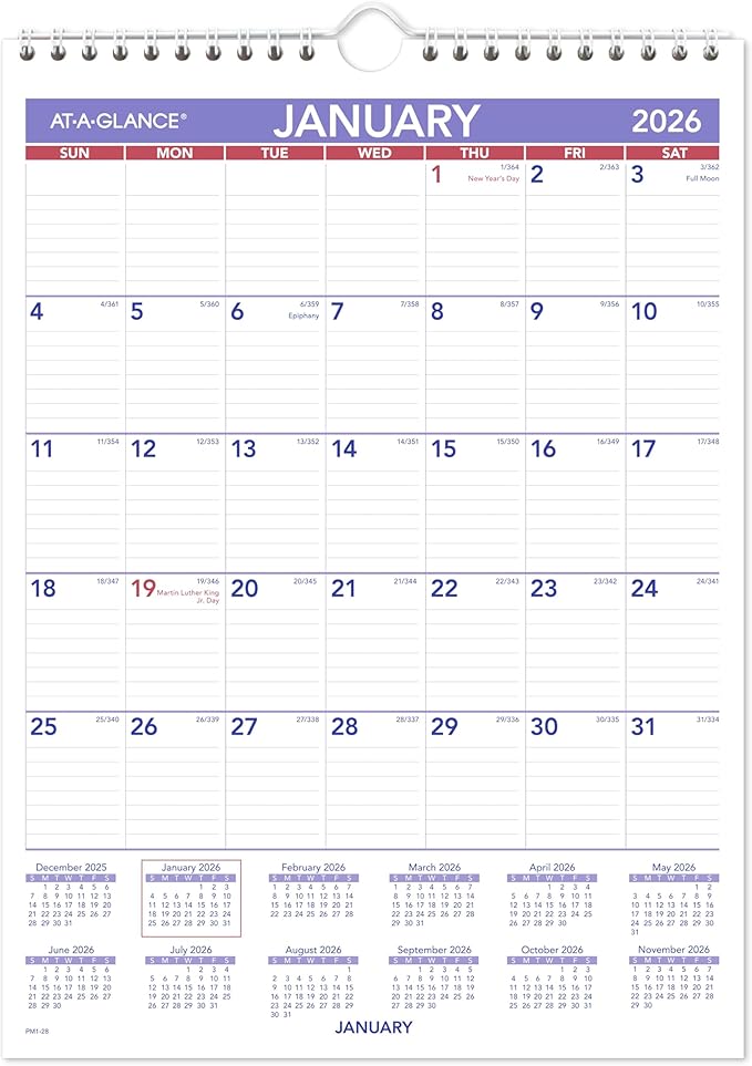AT-A-GLANCE 2026 Wall Calendar, 8" x 11", Small, Ruled Blocks (PM12826)