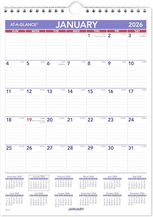 AT-A-GLANCE 2026 Wall Calendar, 8" x 11", Small, Ruled Blocks (PM12826)