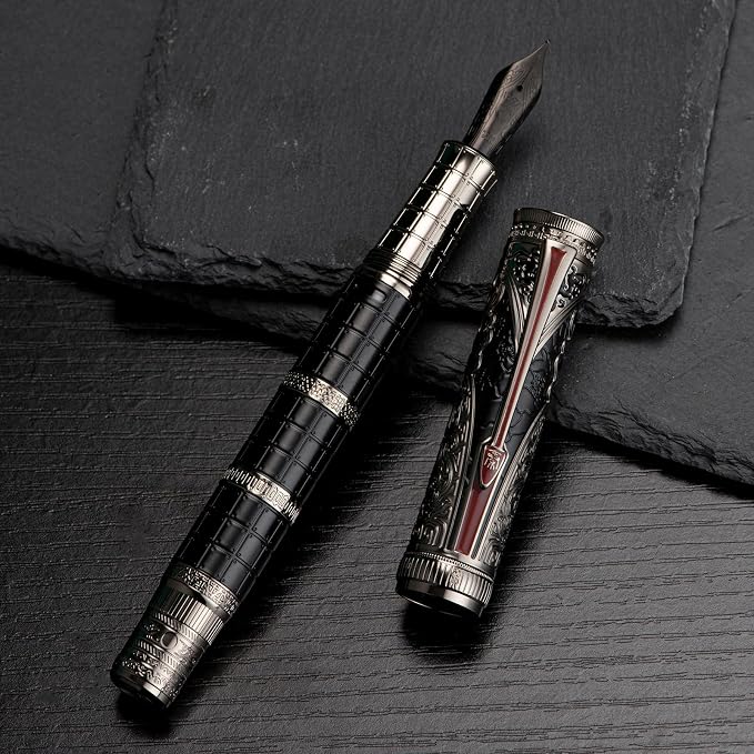 Hongdian D5X Fountain Pen Black Fine Nib, Qin Dynasty Retro Chinese Totem Engraving with Converter and Pen Box Set