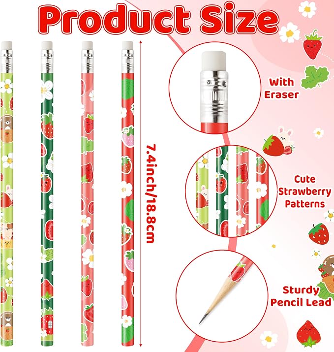 Xqumoi 60Pcs Strawberry Pencils with Eraser - Cute Fruit Theme #2 HB Pencils, School Classroom Student Rewards Back to School Office Supply Party Goodie Bag Fillers Stuffers Birthday Party Favors