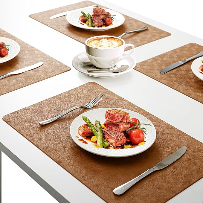 Brown Plastic Placemats Set of 6, Faux Leather Waterproof Table Mats | Brown Vinyl placemats,Wipeable and heat resistant table mats.Easy to clean,great for indoor and outdoor