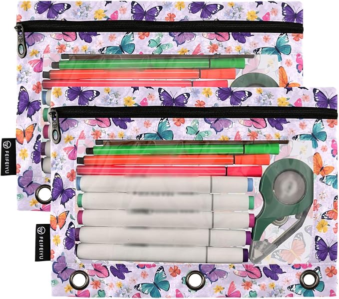 Butterfly Lavender Binder Pouches 3 Ring for Boys Girls School Office College Supplies Purple Rose Flower Pencil Pouches Case Bag with Clear Window and Zipper 2 Pack