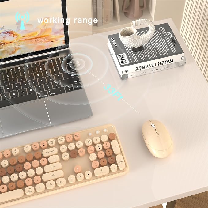 MPTOG Wireless Computer Keyboard and Mouse Combo (Milk-Tea Colorful) | Retro Round Typewriter Keycaps, Power Switch, Ergonomic Design, 2.4GHz Wireless for Windows, Mac, PC
