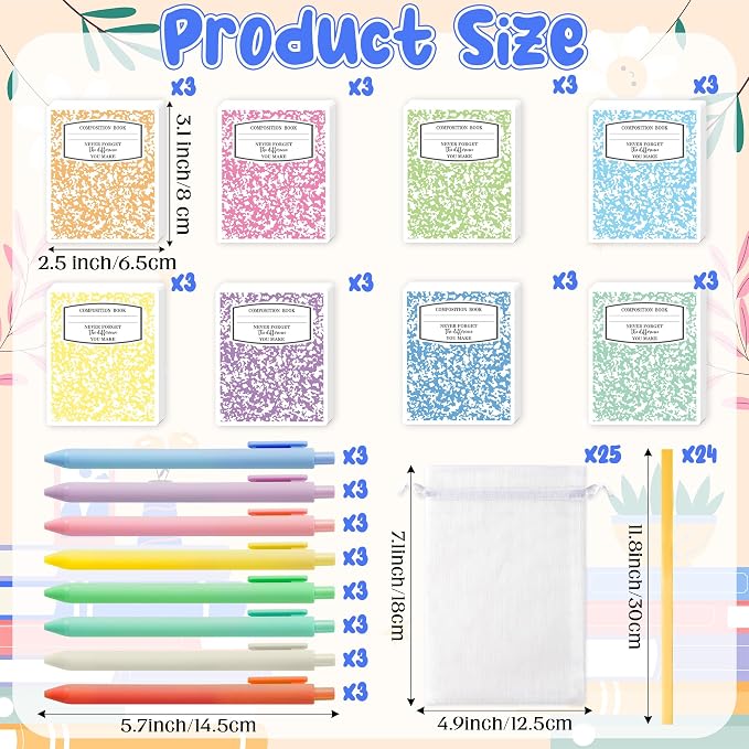 CJiangpo Teacher Sticky Note Set - 24 Pack Composition Book Sticky Note Pads with Ballpoint Pens Ribbons, Cute Memo Pad Stationery Set Thank You Teacher Appreciation Gifts School Office Supplies Party