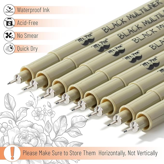 Mr. Pen- 0.2mm Micro Fine Point Pens, 8 Pack, Black Ink, Waterproof | Acid-Free, No-Smear Quick-Dry Fineliner Pens for Drawing, Sketching, Bible Journaling, Outlines & Everyday Writing