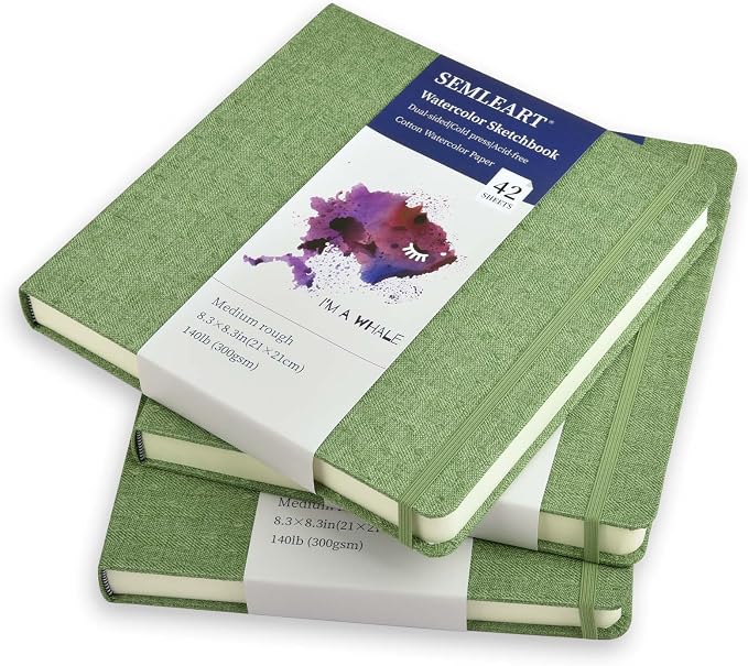 SEMLEART Watercolor Journal Sketchbook,8.3 * 8.3",140lbÀGSM Cotton Paper | 42 Sheets,Ideal for Painting, Drawing & Mixed Media,Pocket Mini Watercolor Notebook