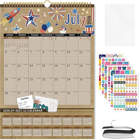Ospelelf Wall Calendar 2026-2027 with Storage Pockets, 17" X 12" Monthly Large Planner Pad with Protective Cover and Stickers, for Family Fridge Office Teacher School, Use July 2026 to December 2027 Kraft Season