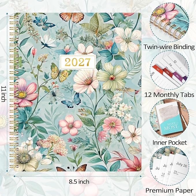 2027 Planner, 2027 Weekly and Monthly Planner, Jan 2027-Dec 2027, Planner with Calendar,Tabs, Twin-Wire Binding, Back Pocket, Holidays, 11'' x 9", Planners and Organizers for Office, Home, School