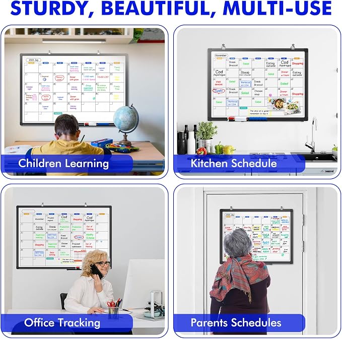 Magnetic Dry Erase Calendar Whiteboard 36" x 24" Aluminum Frame（Black） | Magnetic Monthly Planner Board, Wall Mounted or Hanging. Calendar Design Suitable for Daily Planning of Home, Office, Class
