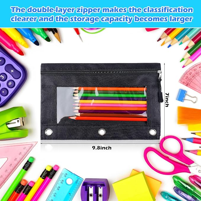 Zhehao 150 Pieces Zippers Binder Pencil Pouches 3 Ring Binder Zipper Pouches Case with Window Ring Pencil Bags Case or Office School Students Supplies(1 Zipper,Black)