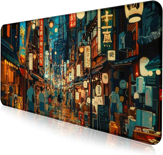 Cute Japanese Street Keyboard Desk Mat, Tokyo Night View Computer Mouse Mat | Large Extended Mouse Pad; Full Desk Coverage; Waterproof Coating; Stable Anti-Slide Base For Gaming, Office, Study Daily Use