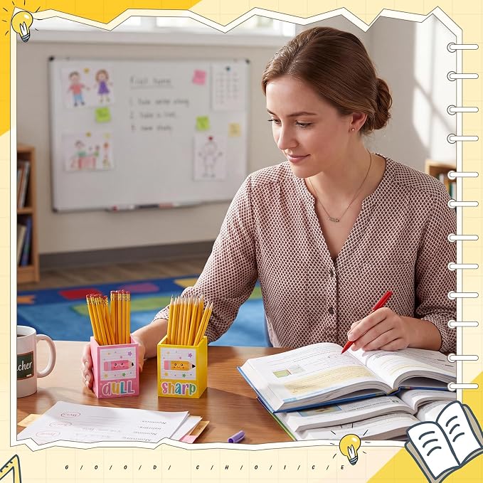 DoubleFill 2 Pcs Box Shaped Holder Sharp Dull Holder Wooden Dispenser Pen Storage with Classic Pencil Shaped Design for Back to School Teachers Classroom Organization Accessories