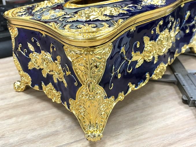 Luxurious Rose Tissue Box with Imitation Diamonds,Gold Blue | Embossed Flowers，9.45"x5.43"x3.94"，Elegant Tissue Paper Holders，for Home Toilet Bath Hotel