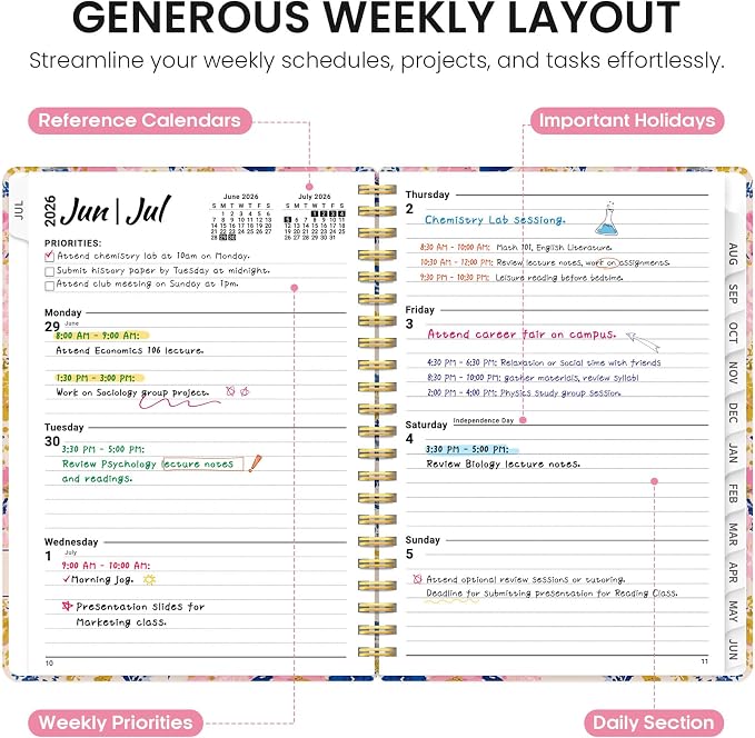 Planner 2026-2027, Academic Year Monthly and Weekly Calendar Planner, Jul 2026 - Jun 2027, Hardcover Teacher Student Planning Agenda book with Tabs, Perfect for School Office Supplies, 6.3" x 8.5" - Pink Garden