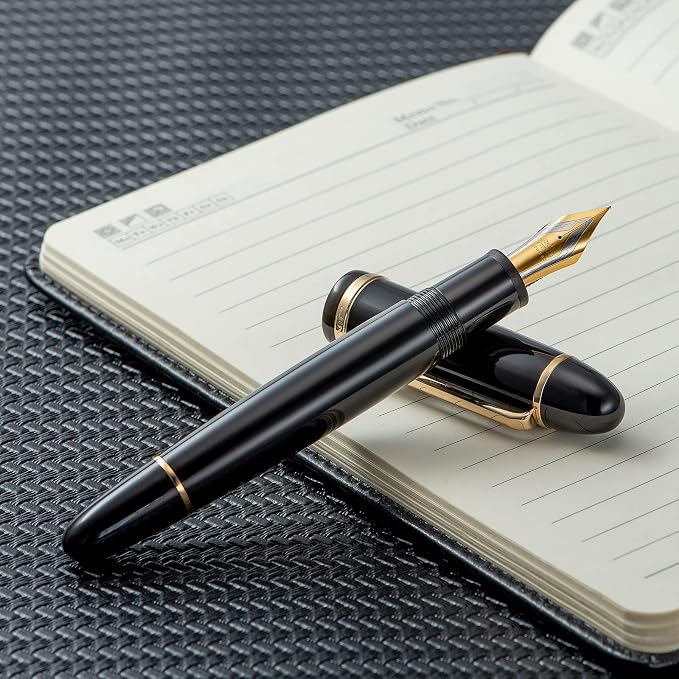 Jinhao X159 Black Acrylic Fountain Pen, Size 8 Medium Nib Gold Trim Classic Design Smooth Writing Pen with Converter