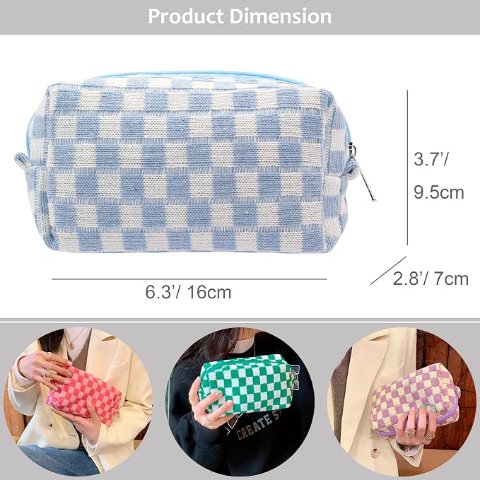 Checkered Makeup Bag for Purse, Small Cosmetic Pouch,Blue Green,2 Pack | Cute Zipper Makeup Organizer for Women, Travel Essentials, Toiletries, Makeup Brushes, Beauty Accessories&Bridesmaid Gifts
