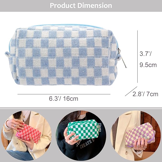 Checkered Makeup Bag for Purse, Small Cosmetic Pouch,Blue Hotpink,2 Pack | Cute Zipper Makeup Organizer for Women, Travel Essentials, Toiletries, Makeup Brushes, Beauty Accessories&Bridesmaid Gifts