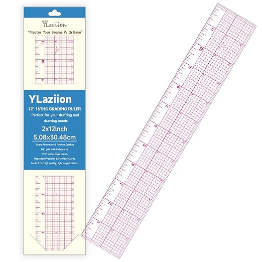 YLAZIION Clear Ruler for Sewing 2x12 Inch Easy Read Grid Graph Ruler 1.4mm | Upgraded Rose Red Markings, Flexible Plastic Ruler for Pattern Grading, Tailoring & Quilting, 16THS Enlarged Scale for Sewing