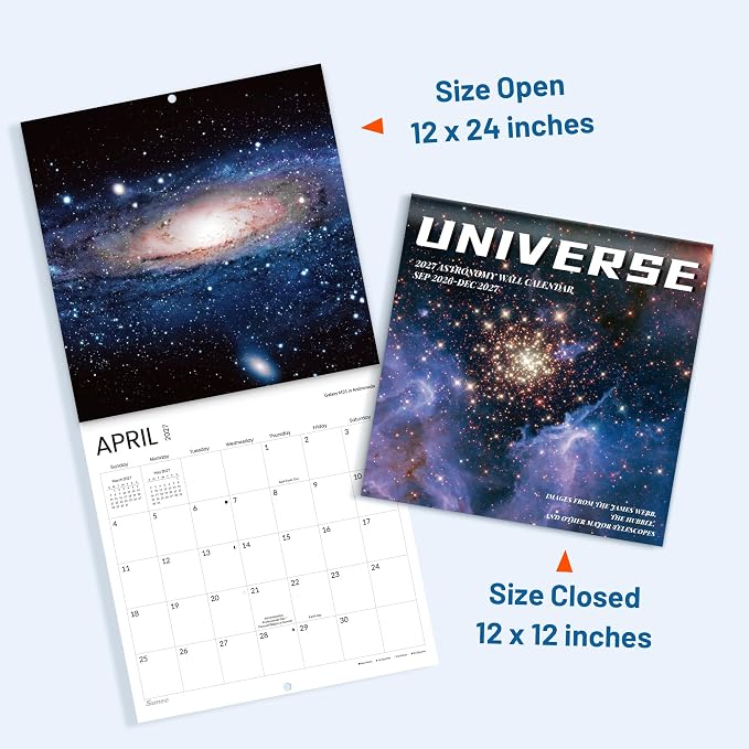 SUNEE Calendar 2026-2027 for Wall, 2027 Large Wall calendar 12x12 Inches with 16 Months from September 2026 to December 2027, Thick Glossy Paper, 12" x 24" (Open), Space, Universe