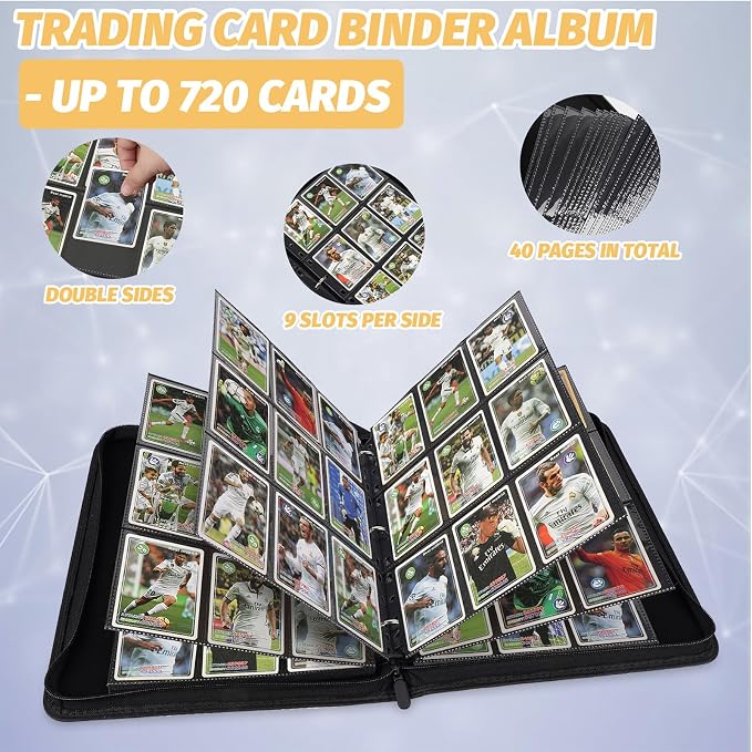 GERMUN 3 Ring 9 Pocket Zipper Card Binder, 720 Double Sided Standard PU Trading Card Album Folder for TCG & Sports Cards, Not Fit Top Loaders (LAKE BLUE)
