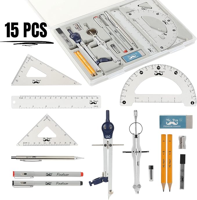 Mr. Pen- Professional Geometry Set, 15 pcs, Drafting Tools with Protractor | Compass, Metal Ruler, Triangles, Pens & Pencils, Complete Geometry & Drafting Kit for Architects, Engineers & Students