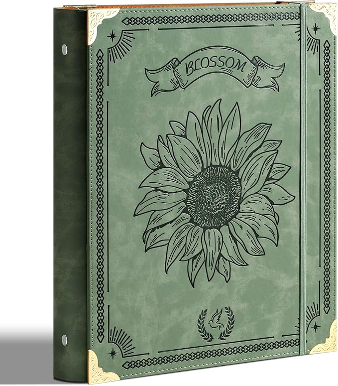 Ovesmusl Sunflower PU Leather 3 Ring Binder Fits 8.5"x11" Letter Size Paper, 1.5 Inch Round Ring Binder Holds 350 Sheets, Notepad Paper Cover Loose Leaf Organizer, Green