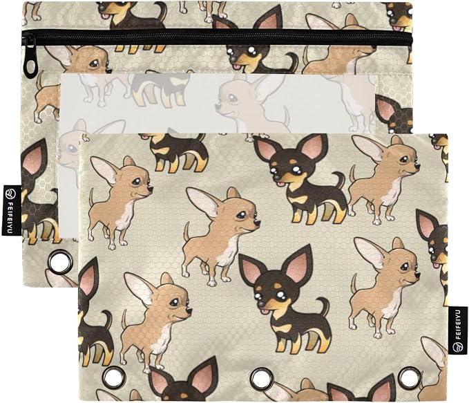 Chihuahua Puppy Pencil Pouches for 3 Ring Binder 2 Pack | Binder Pencil Case With Zipper Reinforced GrommetsPencil Bags for Office Organizers