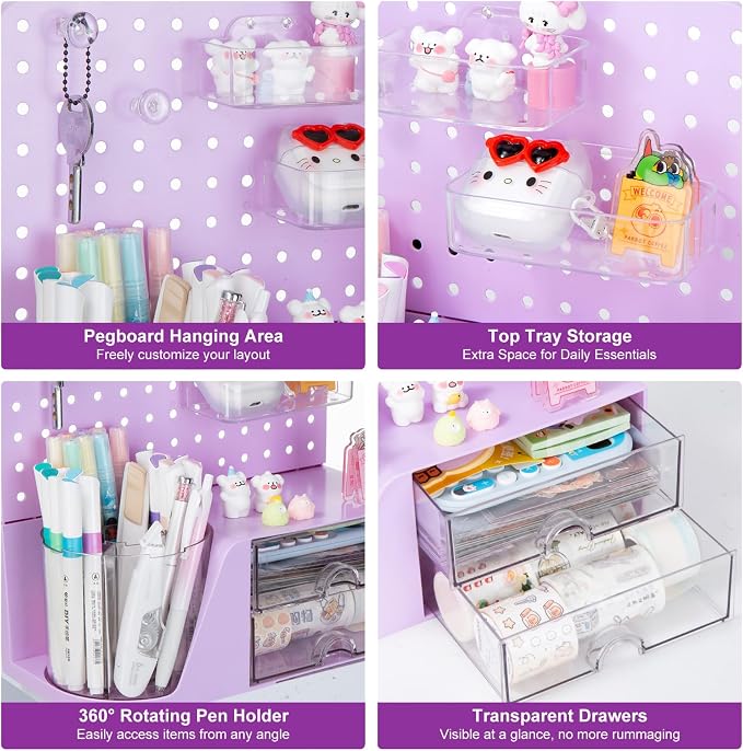 Comix Desk Organizer with Drawer, 360° Rotating Pen Holder for Desk, Pen Organizer with 5 Slots Pencil Holder+Pegboard+2 Drawer for Office Home Art Supplies (Purple)