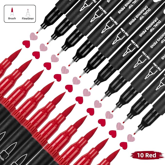 10 Pack Red Markers for Coloring,1-6mm Dual Brush Pens with 0.4mm Fine Tip Markers,Red Drawing Pens for Art Drawing Sketching Calligraphy