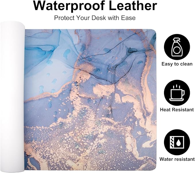 Colorful Star Blue Marble Leather Desk Mat, 31.5" x 11.8" | Waterproof Large Keyboard and Gaming Mouse Pads, Non-Slip Blotter Writing Pad, Desk Decor Accessories for Women & Men