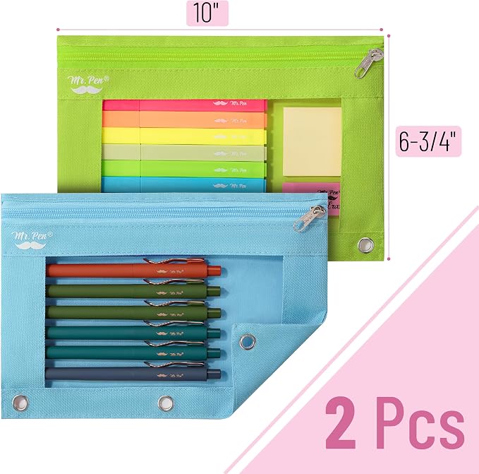 Mr. Pen- Pencil Pouch for 3 Ring Binder, 2 Pack, 10"x6.75", Smooth Zipper | Clear Window, Large Capacity Pencil Case with 3 Reinforced Grommets for School, Office, Supplies Storage | Clear Window, Large Capacity Pencil Case with 3 Reinforced Grommets f...