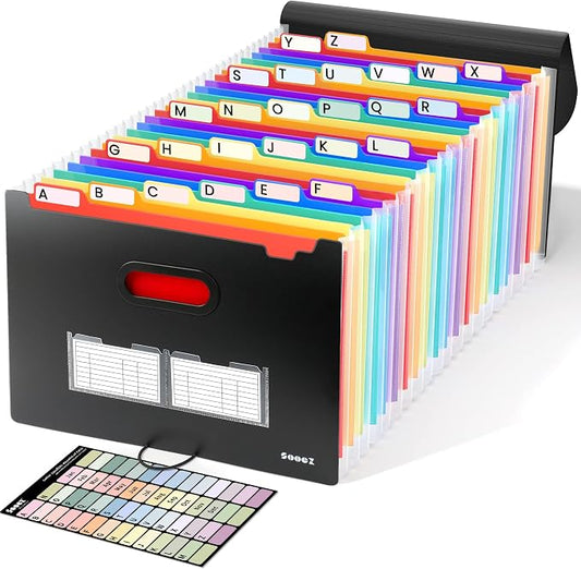 Sooez 26-Pocket Accordion File Organizer, Upgraded Expanding File Folder with A-Z Tabs, Premium Bill Tax Receipt Document Organizer Storage for Letter/A4 Size Paper, School Office & Home, Black