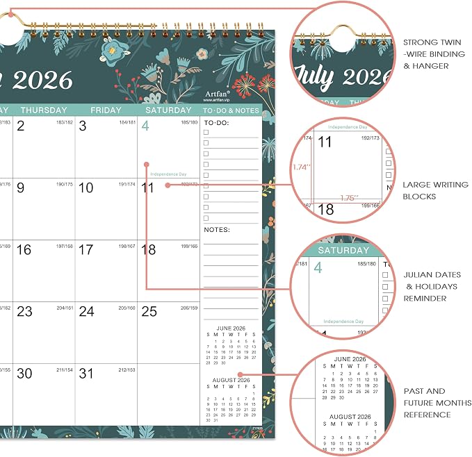 Wall Calendar 2026-2027, Jul 2026 - Dec 2027, 14.8" x 11.57", 18 Month | Calendar 2026-2027, Twin-Wire Binding, Julian Dates, Large Block, Notes & To-do List, Thick Paper, Perfect for Planning